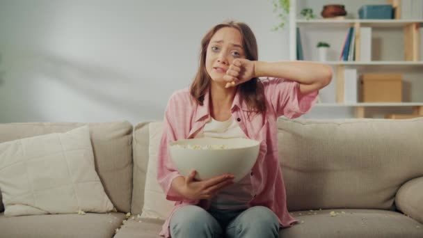 Crying Young Woman Sitting Sofa Watching Sad Movie Woman Who — Stock Video