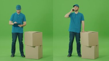 Hızlı teslimat adreslerini aramak için akıllı telefon kullanan yeşil ekran teslimatçısı. Siparişi kontrol etmek için akıllı telefon kullanan, üniformalı ve karton kutulu teslimatçı..