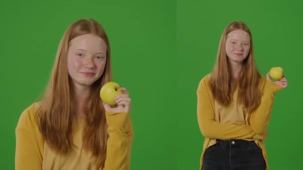 スプリットグリーンスクリーン 彼女がアップルを食べるように十代の少女は笑います エンボディング 健康的な食事と学校の栄養 彼らの毎日のダイエットで栄養価の高い選択肢を取り入れる若者の鮮明な描写 — ストック動画