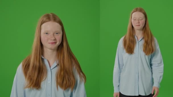 スプリットグリーンスクリーン 彼女の頬を保持している十代の少女の肖像画は 痛みを伴う歯を示しています 歯の問題の描写と若い個人のトートハッチに関連する不快感 — ストック動画