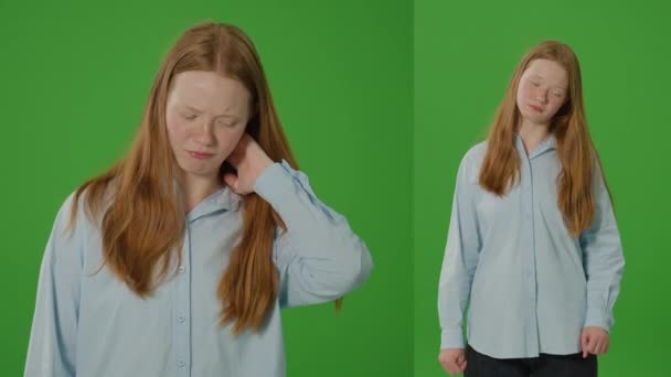 Rozdzielony Zielony Ekran Nastolatka Masuje Swój Ból Szyi Wskazując Syndrom — Wideo stockowe