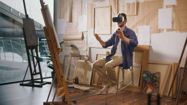 An Artist Uses VR to Immerse Himself in a Virtual Studio, Creating and Exploring New Artistic Worlds. Combines Traditional Art Techniques with Modern Digital Tools in an Innovative Virtual Environment clipart