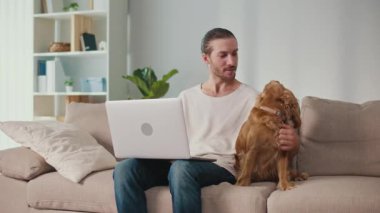 Yumuşak İş Arkadaşı, Duygusal Odaklanma, Uzaktan Çalışma. Adam kanepeye oturur ve dizüstü bilgisayarı üzerinde çalışır ve köpeğiyle etkileşim içindedir. Sakin, neşeli bir Denge, Bağlanma ve Evcil Hayvanlarla Modern Yaşam