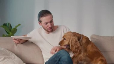 Hayvan Sağlığı, Sağlıklı Paylaşım, Sıcak Bağ. Dikey video. Man ve Dog koltuğa oturur, dinlenir. Köpek, sahibinden patates kızartması aldı. Gerçek Bağlantı, Bakım ve Günlük Denge Anı