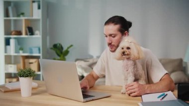 Mikro neşeler, Akıl Sağlığı, Günlük Denge. Genç Adam, köpeği ile koltukta iletişim kurarken dizüstü bilgisayarda çalışıyor. Yumuşak, destekleyici bir an Harmanlayıcı Odak, Duygu ve Bağlantı