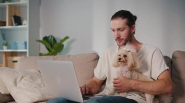 Duygusal Destek, Akıl Sağlığı, İş-Yaşam Dengesi. Evden Genç Adam Çalışıyor, Köpeği Yanında Otururken Çevrimiçi Toplantıya Odaklanıyor. Dijital Bağlantının Sakin Anı ve Hayvan güdümlü İstikrar