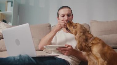 Sağlıklı rutin, Evcil Hayvan Besleme, Dijital Denge. Köpeği yakınlarda kendi yemeğinin tadını çıkarırken adam masa başında çalışıyor ve yiyor. Sakin, Senkronize Sağlık ve Günlük Odaklanma