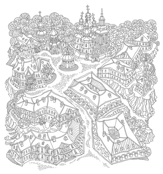 Векторний Чорно Білий Фантастичний Пейзаж Казкові Маленькі Міські Будівлі Церква — стоковий вектор