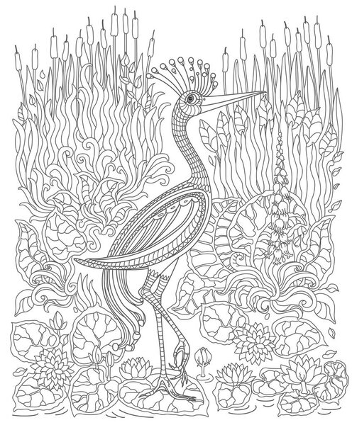 Fairy tale crane bird, fantastic water plants and flowers on the lake. Coloring book page for adults and children. Black and White