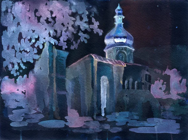 Vintage Akvarell Målade Jul Natt Landskap Ruinerna Katedralen Kiev Lavra — Stockfoto