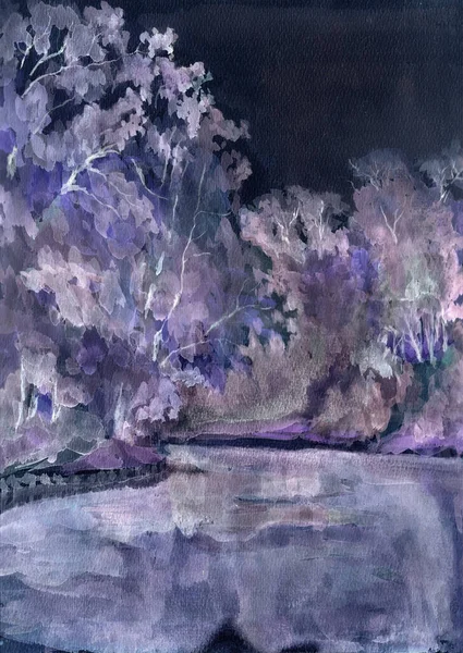 Акварельний Зимовий Пейзаж Мальовничим Озером Старими Деревами Парку Вночі — стокове фото