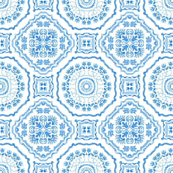 Watercolor Painted Indigo Blue Damask Seamless Pattern White Background Spanish — Stok fotoğraf
