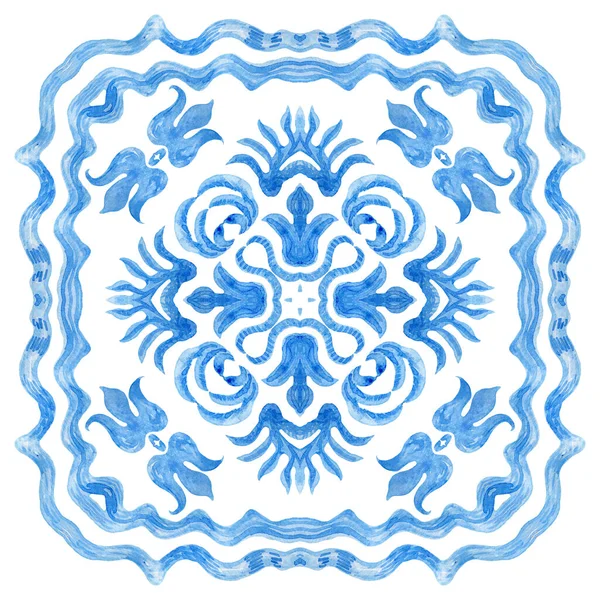 Aquarela Pintado Azulejo Espanhol Com Mão Desenhada Ornamentos Azuis Indigo — Fotografia de Stock
