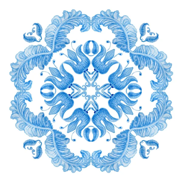 Watercolor Painted Spanish Tile Hand Drawn Baroque Floral Indigo Blue — Stockfoto