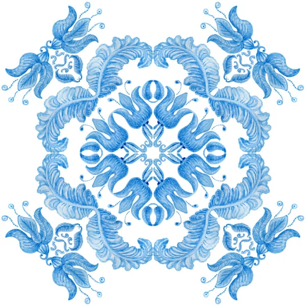 Watercolor Painted Spanish Tile Hand Drawn Baroque Floral Indigo Blue — Fotografia de Stock