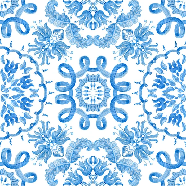 水彩は白を基調に藍青のダマスクシームレスな模様を描きました 手でスペインのタイルは 地中海のマヨリカセラミック絵画スタイルでバロック様式と花の装飾を描きました — ストック写真