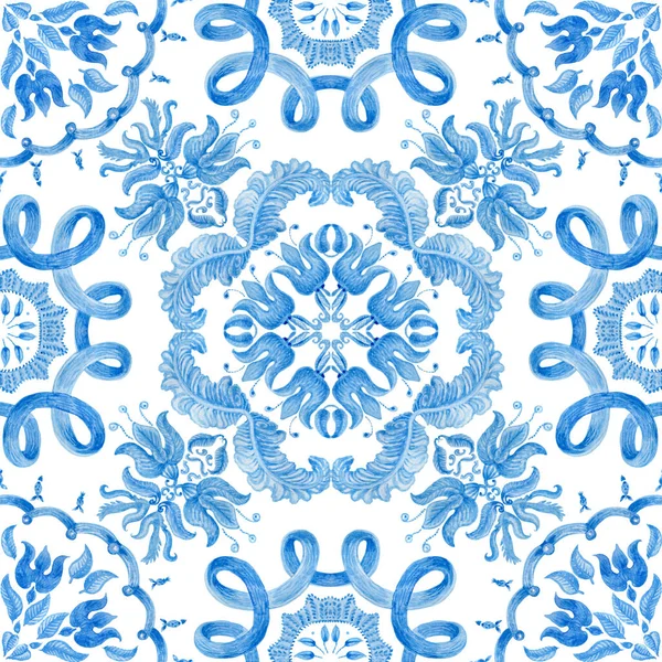 水彩は白を基調に藍青のダマスクシームレスな模様を描きました 手でスペインのタイルは 地中海のマヨリカセラミック絵画スタイルでバロック様式と花の装飾を描きました — ストック写真
