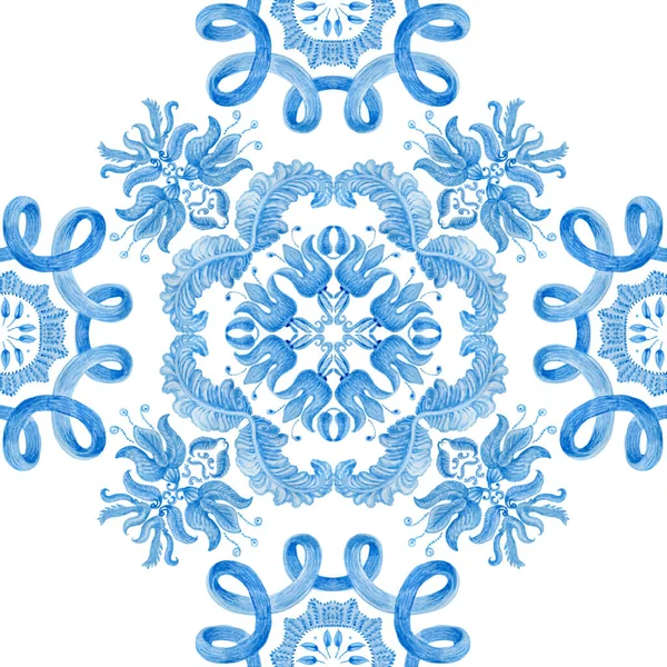 Aquarel Beschilderd Indigo Blauw Damast Naadloos Patroon Een Witte Achtergrond — Stockfoto