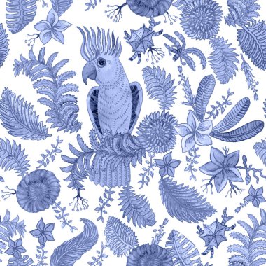 Seamless pattern from blue watercolor painted tropical flower and fantasy cockatoo parrot isolated on a white background