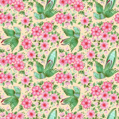 Floral seamless pattern in Ukrainian folk painting style Petrykivka. Fantasy birds, flowers, leaves on a light beige background