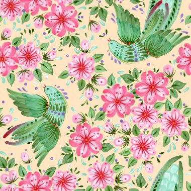 Floral seamless pattern in Ukrainian folk painting style Petrykivka. Fantasy birds, flowers, leaves on a light beige background
