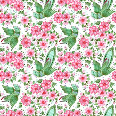 Floral seamless pattern in Ukrainian folk painting style Petrykivka. Fantasy birds, flowers, leaves isolated on a white background