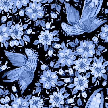 Floral seamless pattern in Ukrainian folk painting style Petrykivka. Fantasy blue birds, flowers, leaves isolated on a black background