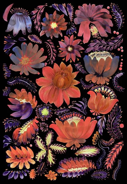 Watercolor Floral set in Ukrainian folk painting style Petrykivka. Hand drawn fantasy flowers, leaves, branches isolated on a black background