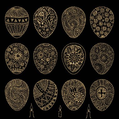 Hand drawn Easter eggs. Vector set with golden metallic texture on a black background  clipart