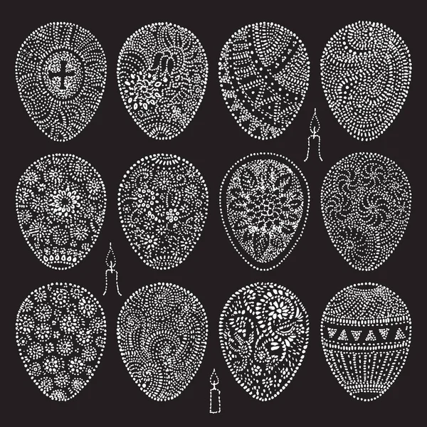 Hand Drawn Easter Eggs Vector Set White Spotted Texture Black — Διανυσματικό Αρχείο