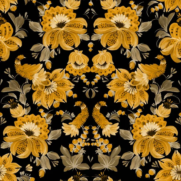 Złoty Kwiatowy Wzór Bez Szwu Fantasy Ptaków Kwiaty Liście Ukraińskim — Zdjęcie stockowe