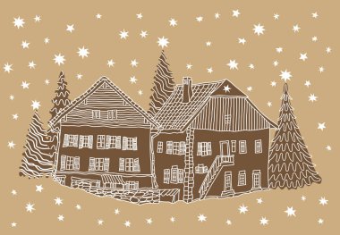 Dağlarda evi, köknar ağacı, ladin ve kar taneleri olan vektör kış manzarası. Noel ve Yeni Yıl tatilleri geçmişi, bayram tebrik kartı, parti davetiyesi