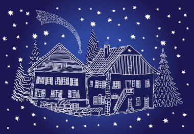 Noel ve Yeni Yıl kutlamaları, koyu mavi arka planda davetiye. Peri masalı eski ortaçağ Alp kasabası evleri, Sihirli yıldız, dağlar, köknar ağacı ve ladin, kar taneleri