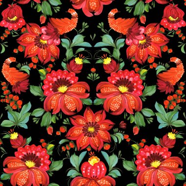 Çiçeksiz desen. F kuşları, çiçekler, Ukrayna folklorik resim stili Petrykivka, siyah bir arka planda izole edilmiş