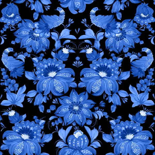 Floral seamless pattern. Blue Fantasy birds, flowers, leaves in Ukrainian folk painting style Petrykivka, isolated on a black background