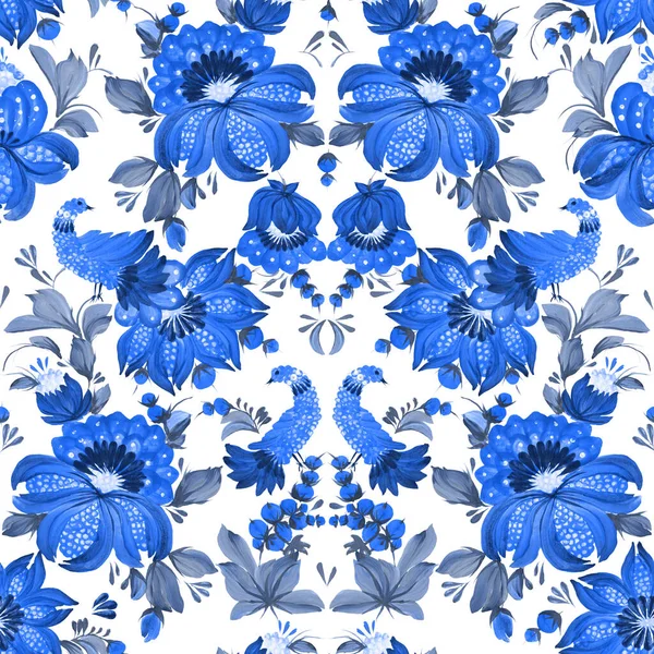 Kwiatowy Bezszwowy Wzór Niebieski Fantasy Ptaków Kwiaty Liście Ukraińskim Stylu — Zdjęcie stockowe