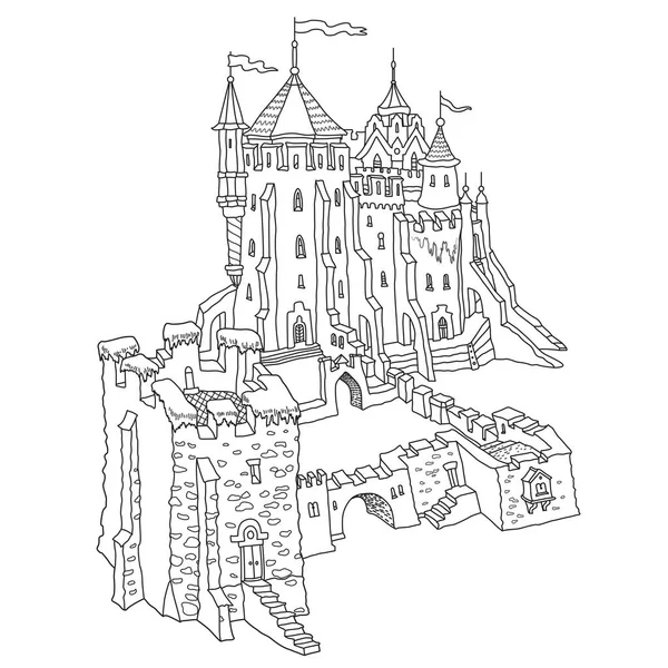 Cuento Hadas Antiguo Castillo Medieval Ilustración Línea Delgada Contorno Vectorial — Vector de stock
