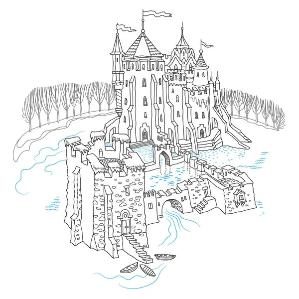 stock vector Fairy tale old medieval castle on the lake. Vector contour thin line illustration, Coloring book page