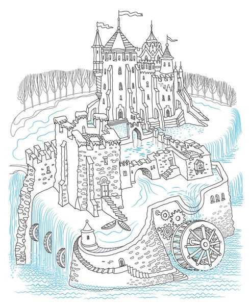 童话般的古老的中世纪城堡在湖面上 有着水磨坊轮和水力发电厂的奇幻系统 矢量等高线图解 书页着色 — 图库矢量图片