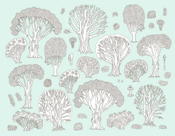 Desenho Para Colorir Para Adultos Crianças Conjunto Vetorial Árvores Isoladas — Vetor de Stock