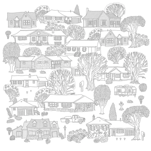 隔離された小さな町の家のベクトルセット ファンタジー都市景観 家の建物 手描きのドアスケッチ 大人用ぬり絵ページ 子供用 — ストックベクタ