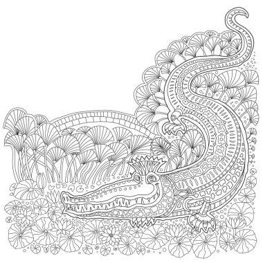 Nil timsahı, palmiye ağacı, papirüs bitkisi, nilüfer çiçeği olan fantezi manzarası. Çocuklar ve yetişkinler için boyama kitabı sayfası