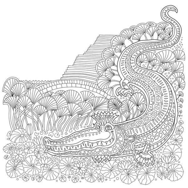 Стародавній Єгипетський Пейзаж Фантазій Нільський Крокодил Пальма Папірус Квітучий Лотос — стоковий вектор