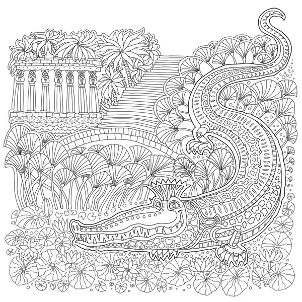 Стародавній Єгипетський Пейзаж Фантазій Нільський Крокодил Храм Пальма Папірус Квітуча — стоковий вектор