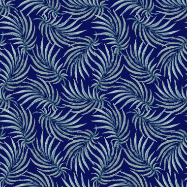 Sulu boyalı palmiye yaprağının koyu mavi arka plandaki kusursuz çiçek deseni.