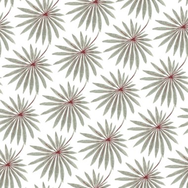 Beyaz bir arka planda izole edilmiş suluboya palmiye yaprağından gelen kusursuz çiçek deseni.