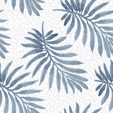 Açık gri noktalı arka planda suluboya desenli mavi palmiye yaprağı siluetinin vektör deseni