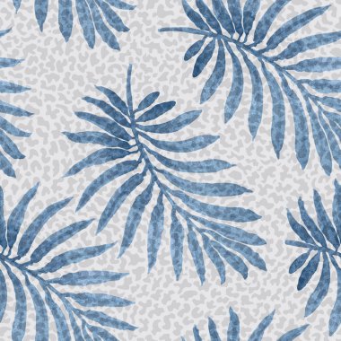 Açık gri noktalı arka planda suluboya desenli mavi palmiye yaprağı siluetinin vektör deseni