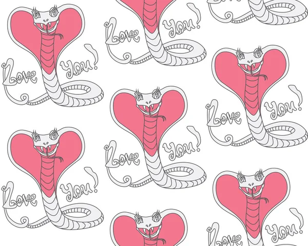 Vector seamless pattern of funny smiling cobra with bloated snake hood in the form of a pink heart on a white background