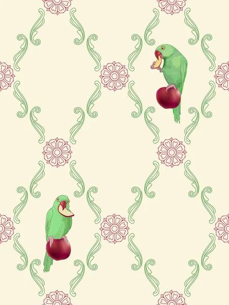 Vector Verde Anillo Loro Cuello Pájaro Con Frutas Tropicales Sobre — Archivo Imágenes Vectoriales